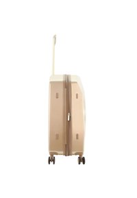 Hard-shell suitcase in beige with a smooth texture, vertical design, a central zipper, and four wheels for mobility. Extendable handle included.