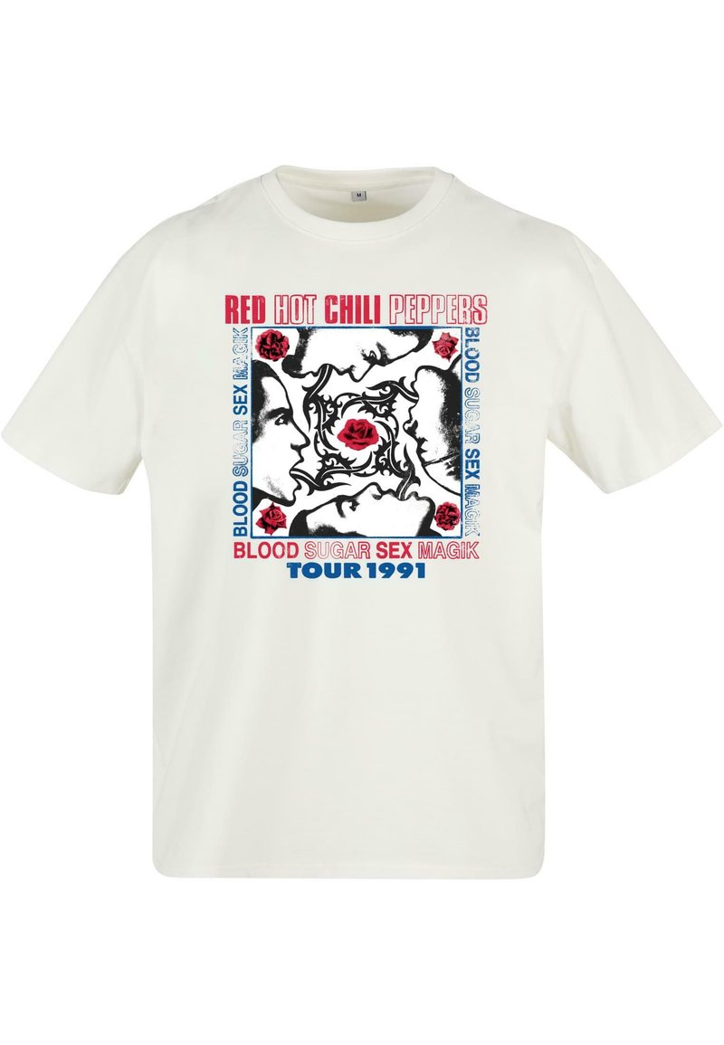 Cream-colored cotton T-shirt featuring a graphic print with red roses, faces, and text: "RED HOT CHILI PEPPERS BLOOD SUGAR SEX MAGIK TOUR 1991."