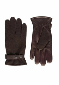 Bruna läder- och tyghandskar med en texturerad brun ullutsida, läderhandflata och en knappjusterbar manschett.