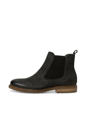 Bottines Chelsea en cuir noir avec panneaux latéraux texturés, languette de tirage et semelle en caoutchouc marron. Design à bout rond et finition lisse.
