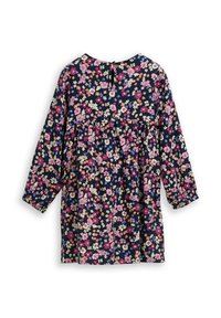Blumenkleid mit dunklem marineblauem Hintergrund, kleinen rosa, gelben und lila Blumen, langen Ärmeln, Rundhalsausschnitt und Knopfverschluss auf der Rückseite.