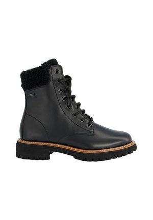 Bottines en cuir noir avec un col en fourrure noire texturée, un devant à lacets et une semelle en caoutchouc robuste avec un bord contrastant marron.