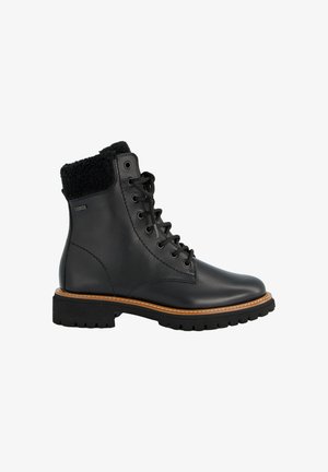 Bottines en cuir noir avec un col en fourrure noire texturée, un devant à lacets et une semelle en caoutchouc robuste avec un bord contrastant marron.