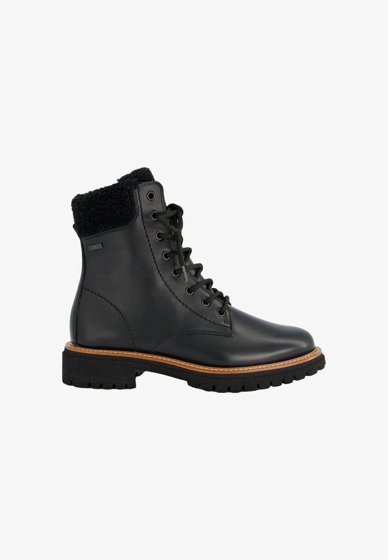 Bottines en cuir noir avec un col en fourrure noire texturée, un devant à lacets et une semelle en caoutchouc robuste avec un bord contrastant marron.