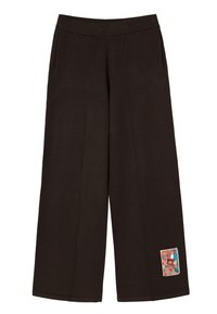 Bruine wijde sweatpants met een geribde tailleband, zijzakken en een kleurrijke patch met een abstract ontwerp op de linkerdij.