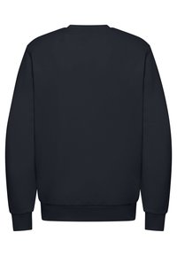 Felpa navy con maniche lunghe, collo rotondo, polsini e orlo a coste, texture liscia, design semplice, senza motivi o loghi visibili.