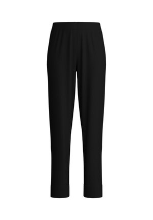 Zwarte broek met een elastische tailleband, verkorte lengte en ribbels aan de mouwen. Gemaakt van een zachte, gestructureerde stof. Geen zichtbare patronen of details.