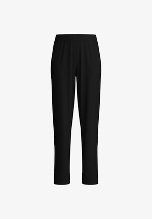 Pantaloni neri con elastico in vita, lunghezza cropped e polsini a costina. Realizzati in un tessuto morbido e testurizzato. Senza motivi o dettagli visibili.