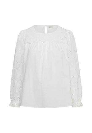 Blouse blanche à manches longues avec broderie œillet florale sur les manches et le haut de la poitrine, col rond, et ouverture clé à l'arrière avec bouton.