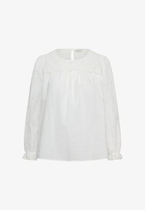 Biała bluzka z długim rękawem, z kwiatowym haftem ażurowym na rękawach i górnej części klatki piersiowej, okrągły dekolt oraz rozcięcie na plecach zapinane na guzik.