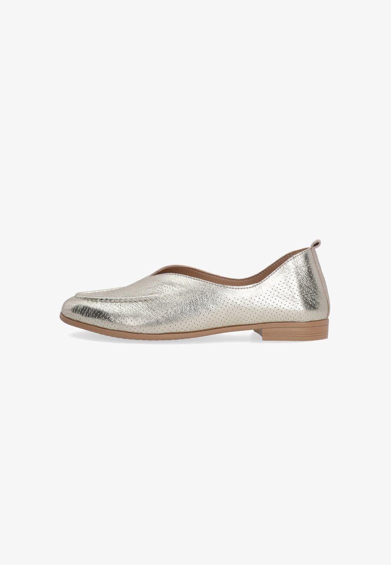 Metallic silver flat shoe with a rounded toe and textured surface, set against a plain white background.