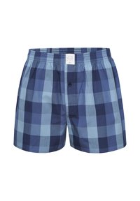 Blauwe en lichtblauwe geruite boxers met een elastische tailleband, knoopsluiting en een label op het midden van de voorkant. Katoenen stof, losse pasvorm.