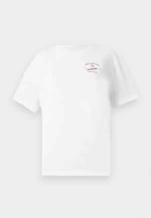 Hvid t-shirt med korte ærmer og lille rødt "Billabong Surf Club 1973" logo samt surfer grafik på venstre øverste bryst.