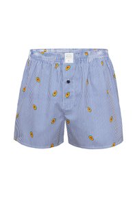Gestreepte blauwe boxershort met een gele en groene avocado-print, elastische tailleband en een enkele knoopsluiting aan de voorkant. Katoenen stof.