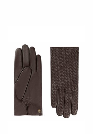 Brown leather gloves with textured woven back, smooth palm, and gathered wrist, featuring a small gold emblem on the palm side.