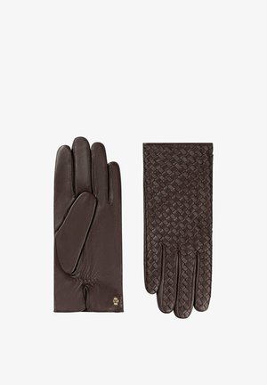 Brown leather gloves with textured woven back, smooth palm, and gathered wrist, featuring a small gold emblem on the palm side.