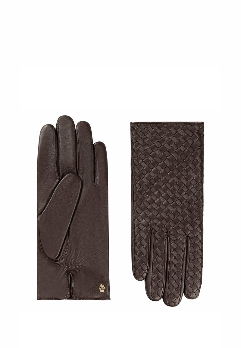Guanti in pelle marrone con retro tessuto a trama, palmo liscio e polsino arricciato, con un piccolo emblema dorato sul lato del palmo.
