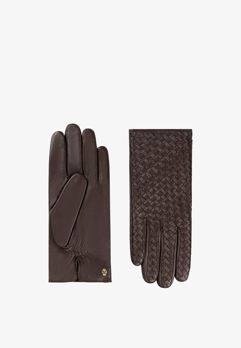 Guanti in pelle marrone con retro tessuto a trama, palmo liscio e polsino arricciato, con un piccolo emblema dorato sul lato del palmo.