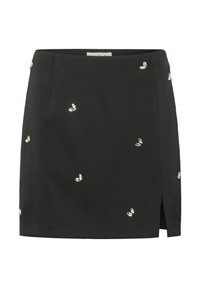 Mini-jupe noire avec de petites paillettes en forme de papillon disséminées et une fente sur le côté droit.