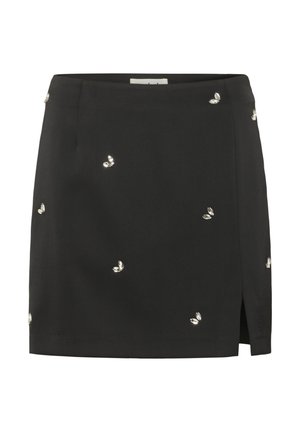 Zwarte mini-rok met kleine verspreide kristallen vlinderdecoraties en een voorkantsplit aan de rechterkant.
