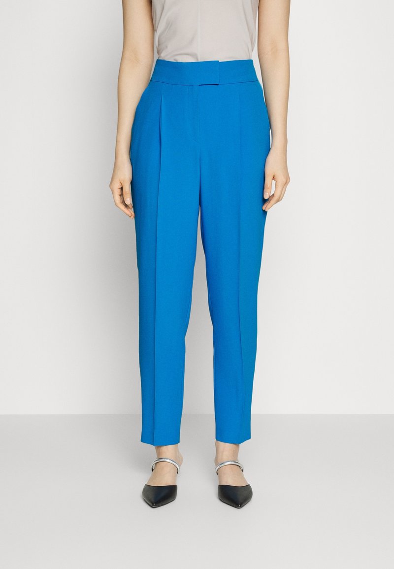 Pantaloni blu brillante con vita alta, davanti plissettato e gambe affusolate. Indossati con ballerine nere a punta e una maglia grigia chiara.