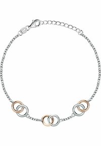 Silverfärgad kedjebracelet med tre länkade cirklar i silver och roséguld. Teksturerade länkar och en kräftklämma.