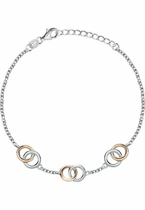 Silberne Kettenarmband mit drei miteinander verbundenen Ringen aus Silber und Roségold. Strukturierten Gliedern und einem Karabinerverschluss.