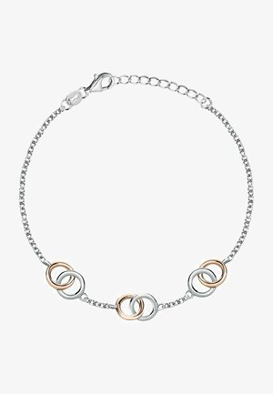 Silver chain bracelet featuring three linked circles in silver and rose gold. Textured links and a lobster clasp closure.