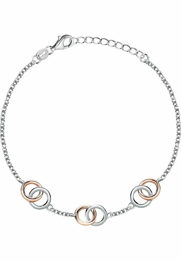 Silverfärgad kedjebracelet med tre länkade cirklar i silver och roséguld. Teksturerade länkar och en kräftklämma.