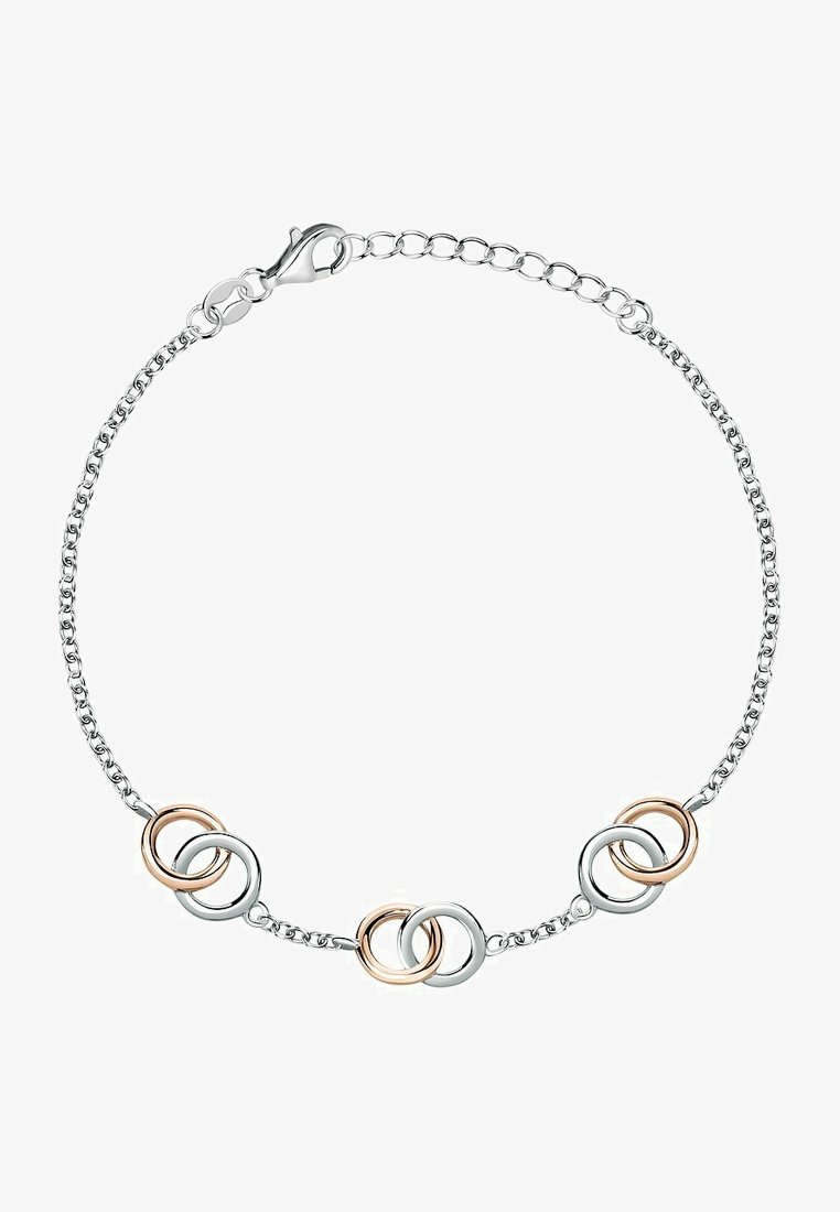Silver chain bracelet featuring three linked circles in silver and rose gold. Textured links and a lobster clasp closure.