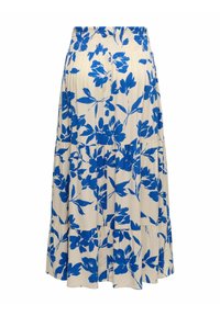 Jupe midi crème avec imprimé floral bleu et design à étages, dotée d'une taille élastique smockée.