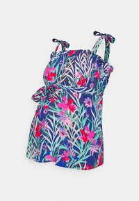 Haut de tankini à motifs floraux sur fond marine, avec des motifs tropicaux roses et verts, des bretelles réglables à nouer et un design froncé.