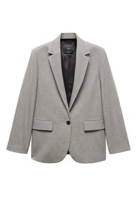 Blazer gris con solapa de muesca, cierre de un solo botón, dos bolsillos frontales y tejido texturizado. El interior presenta un forro oscuro.