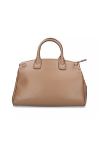 Borsa a mano in pelle tan con texture liscia, doppi manici arrotondati, chiusura con zip superiore e dettagli in metallo dorato. Forma arrotondata nella parte inferiore.