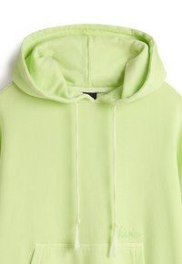 Light green hooded sweatshirt with a kangaroo pocket, drawstrings, and subtle embroidered branding on the front. Soft fabric texture.