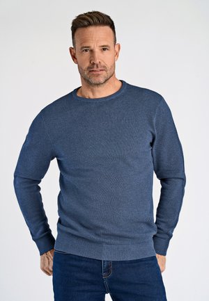 Blauwe ronde hals trui met een gestructureerd breipatroon, ribbelmanchetten en -zoom. gedragen met een donkere spijkerbroek op een lichte achtergrond.
