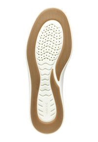 Soletta di scarpa in gomma bianca e marrone con un motivo testurizzato ondulato, fori di ventilazione e il marchio "GEOX" vicino al tallone.