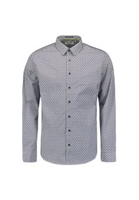 Blouse met lange mouwen in blauw en wit met een geometrisch patroon. Voorzien van een klassieke kraag en knoopsluiting aan de voorkant.