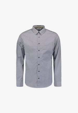 Langärmliges Hemd mit Knopfleiste in Blau und Weiß mit geometrischem Muster. Verfügt über einen klassischen Kragen und eine Knopf-Frontverschluss.