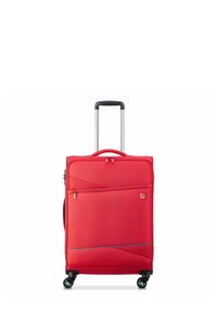 Red fabric suitcase with a smooth texture, zipper pockets, silver extendable handle, and four black wheels. Features diagonal stitching and a logo.