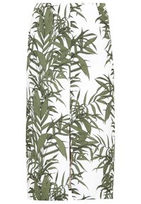 Blommig kjol med vit bakgrund och gröna bladmönster, knälång design och rak skärning. Slät tygkvalitet.