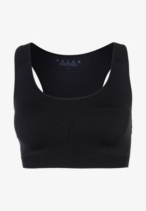 Reggiseno sportivo nero realizzato in tessuto elastico, con scollatura a scoop, spalline larghe e un dettaglio a incrocio nella parte anteriore. Taglia S.