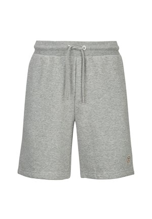 Hellgraue Shorts knielang mit elastischem Bund, Kordelzug, Seitentaschen und kleinem Logo-Patch am linken Beinabschluss.