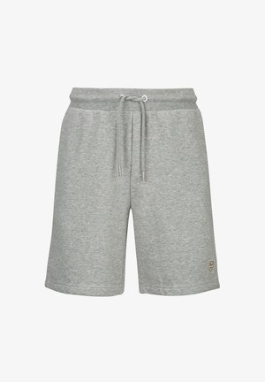 Light gray knee-length shorts with elastic waistband, drawstring, side pockets, and small logo patch on the left leg hem.