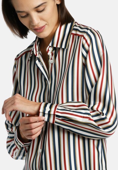Long-sleeve button-up shirt with horizontal stripes in red, navy, and white, featuring a rope pattern and soft, smooth fabric texture.