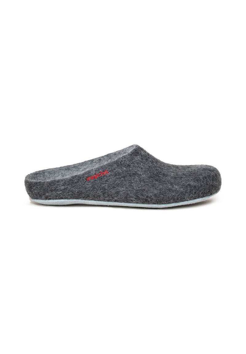 Gray felt clog with a rounded toe, a low profile, and a soft texture. Features a light blue outsole and subtle red branding.