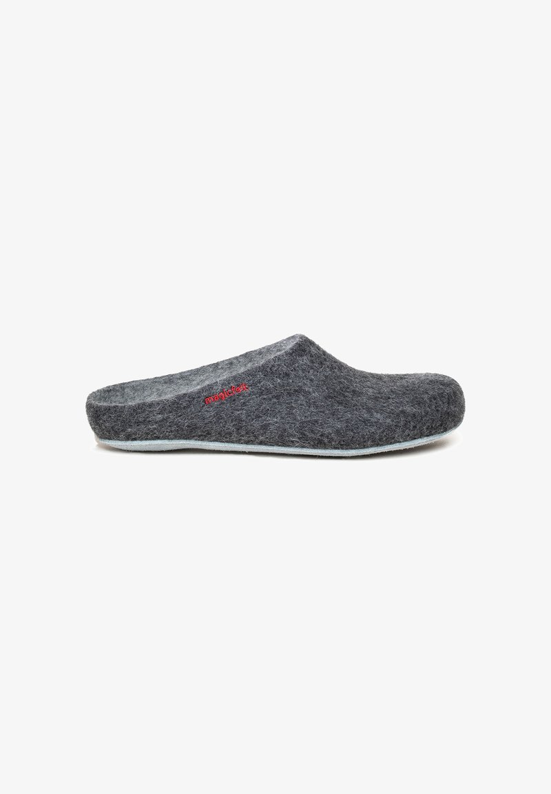 Gray felt clog with a rounded toe, a low profile, and a soft texture. Features a light blue outsole and subtle red branding.