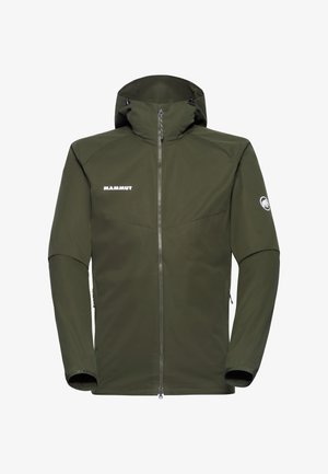 Olijfgroene outdoorjas met capuchon, voorzien van een volledige ritssluiting aan de voorkant, wit "Mammut"-logo op de borst en een rond logo op de linker mouw.