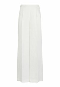 Pantalon en lin blanc avec une coupe large, comportant des plis à l'avant et une taille haute. Texture lisse sans motifs ni éléments métalliques visibles.