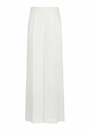Witte linnen broek met een wijdbenige snit, voorzien van voren geplooide details en een hoge taille. Gladde textuur zonder zichtbare patronen of hardware.